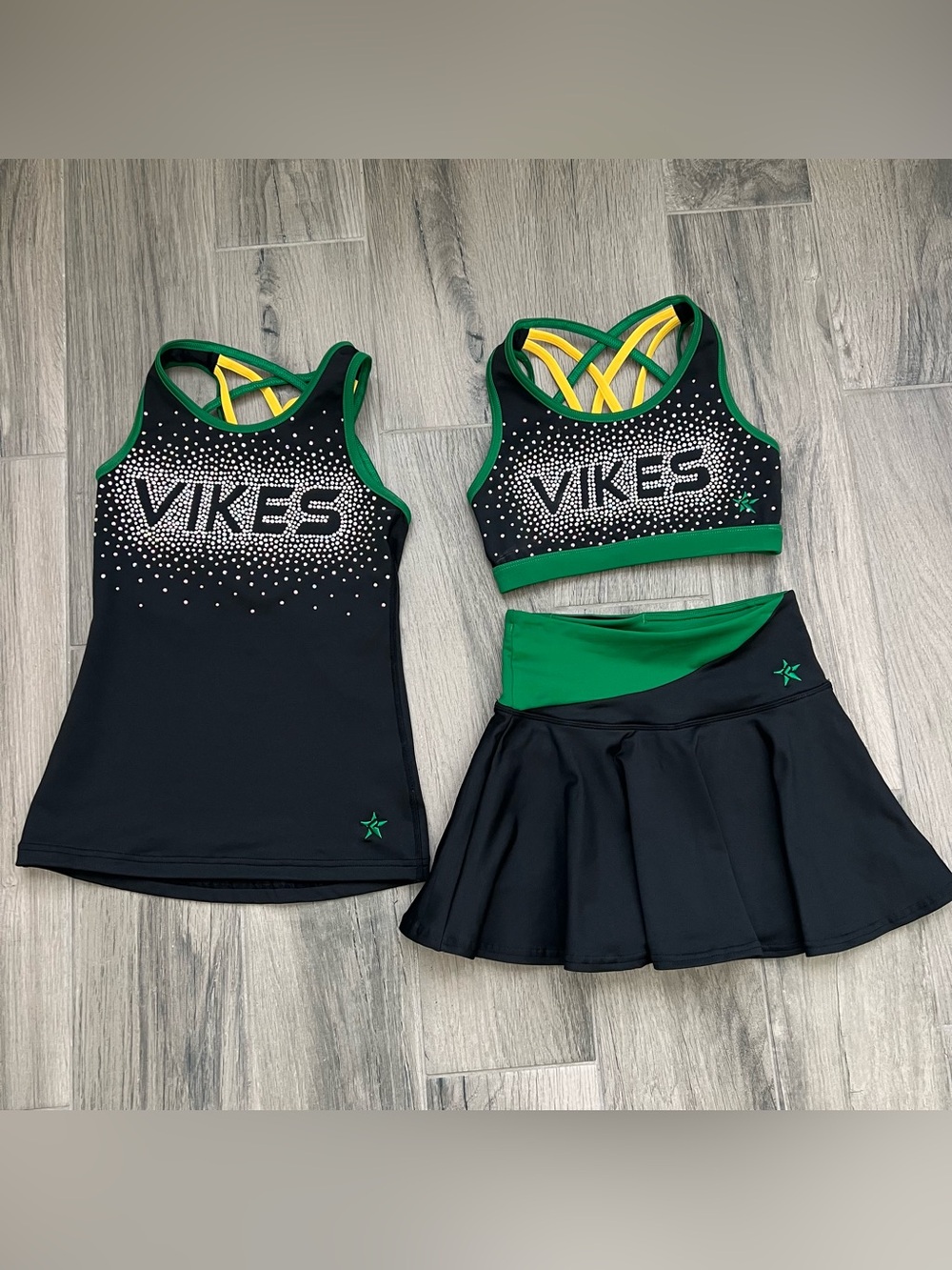 Vikes Black & Green Cheer Dance Set with Rhinestone Detail